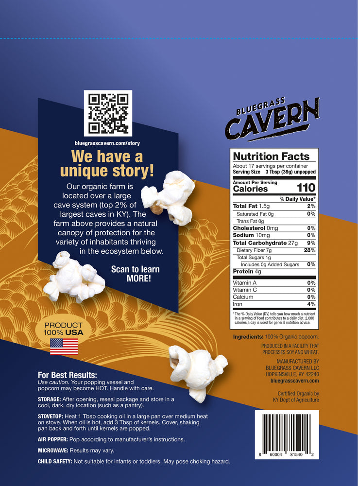 
                  
                    Load image into Gallery viewer, Bluegrass Cavern Organic Blue Popcorn Kernels Package Back
                  
                