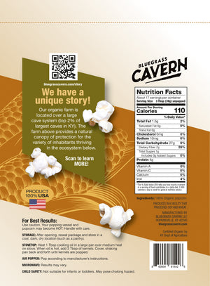 
                  
                    Load image into Gallery viewer, Bluegrass Cavern Organic White Popcorn Kernels Package Back
                  
                